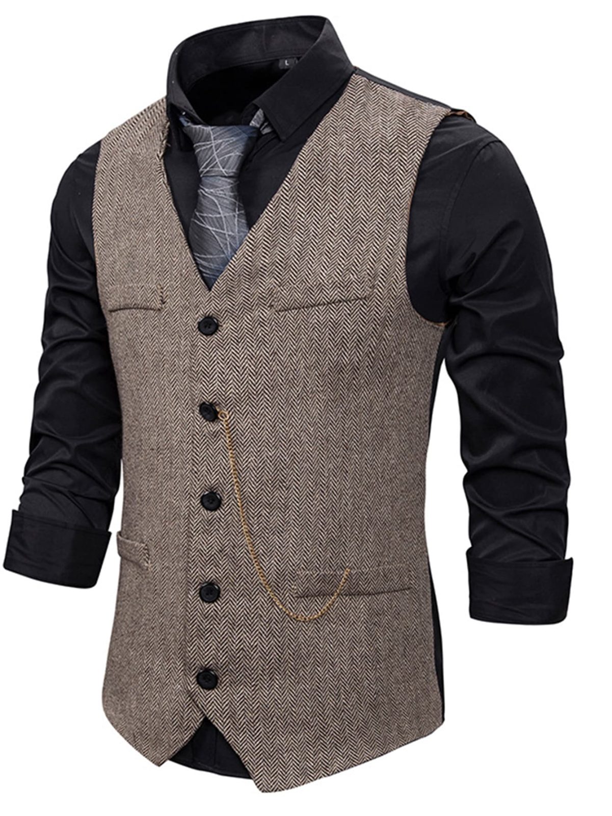 Chevron Decorative Pocket V-Neck Button Front Waistcoat