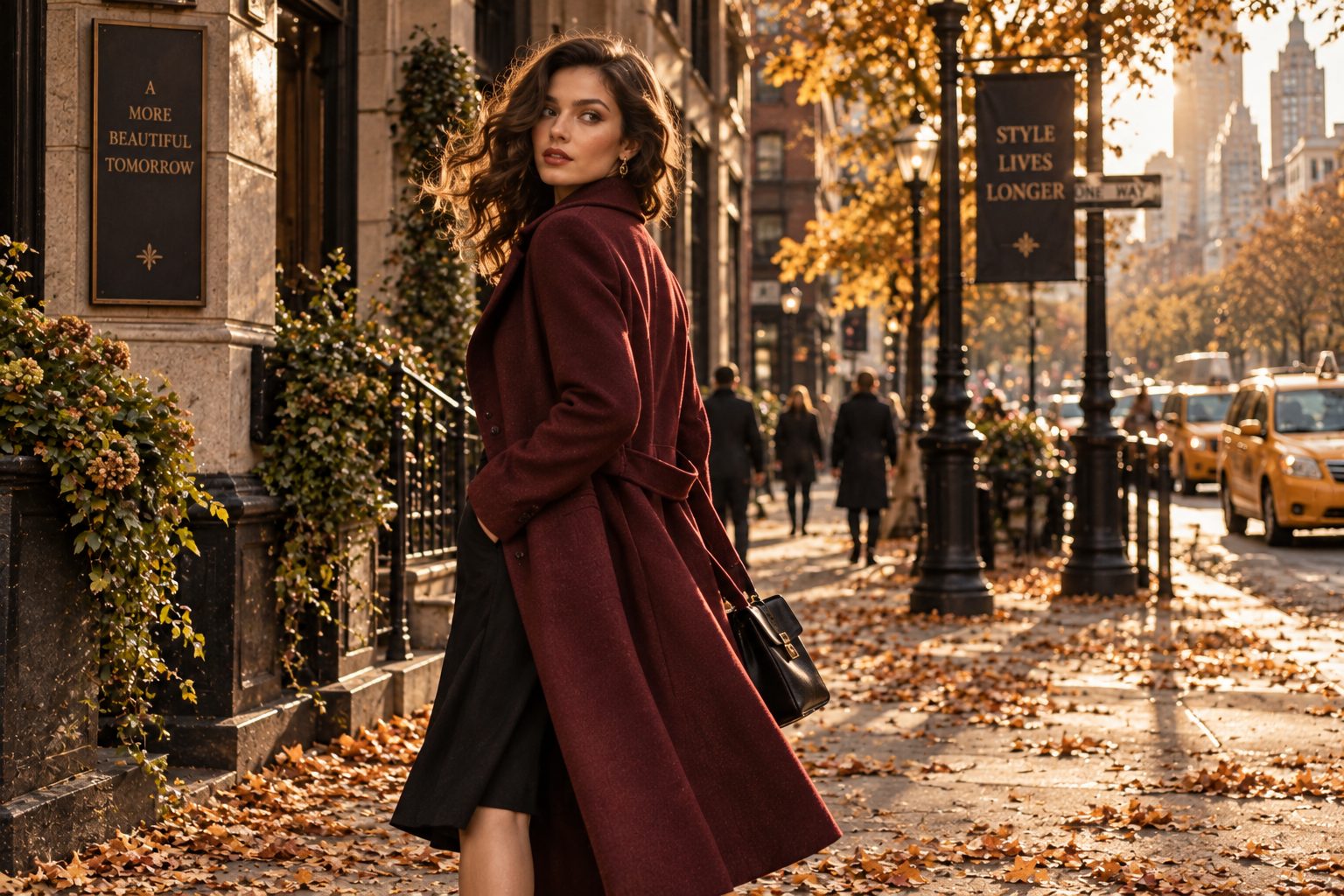 Model in burgundy overcoat on city street, autumn leaves and late afternoon light