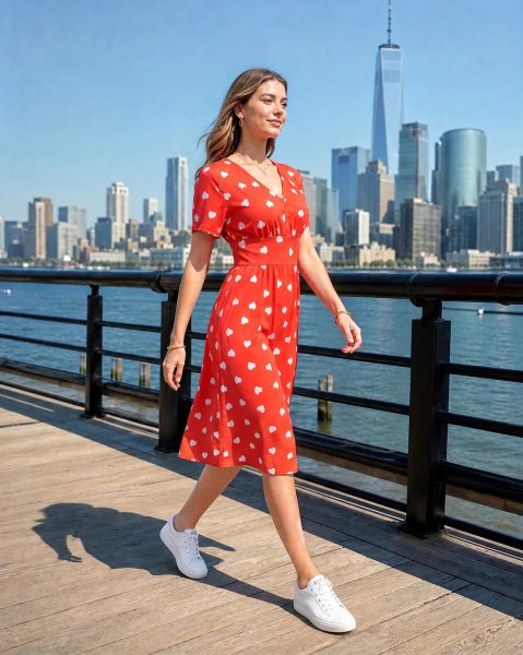Short Sleeve Novelty Heart Print Panelled A-Line Dress
