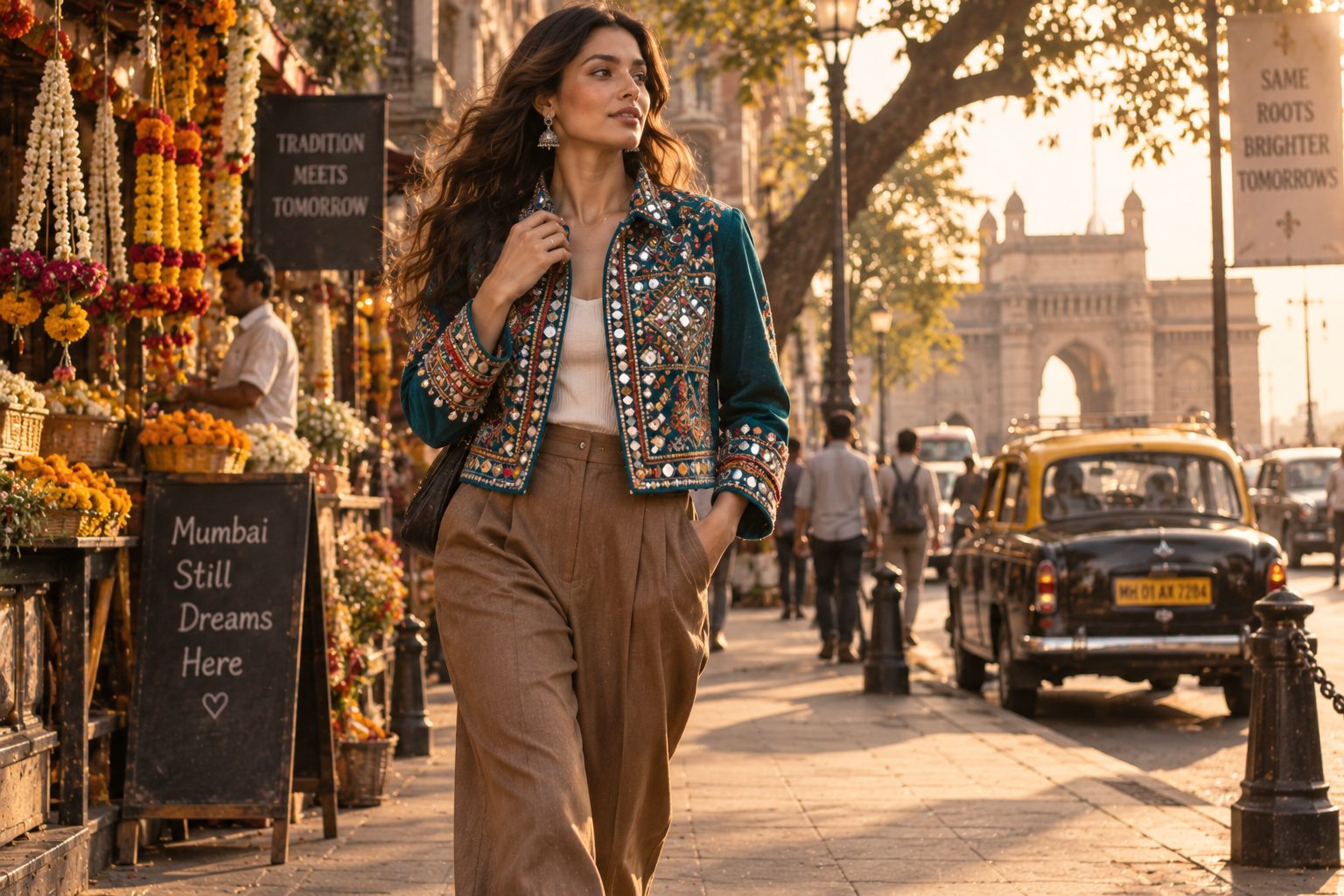 Model showcasing modern Indian fashion with traditional beadwork in a vibrant street setting.