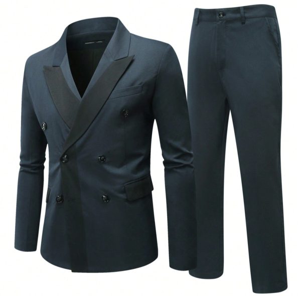 Bluish Green Colourblock Double Breasted Contrast Lapel Blazer & Trouser Suit Set