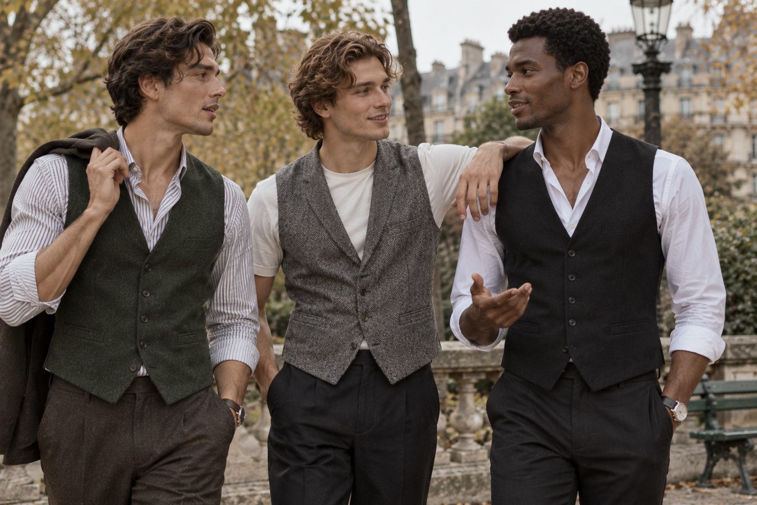 Three men in stylish waistcoats share a relaxed moment in a park under soft overcast light.