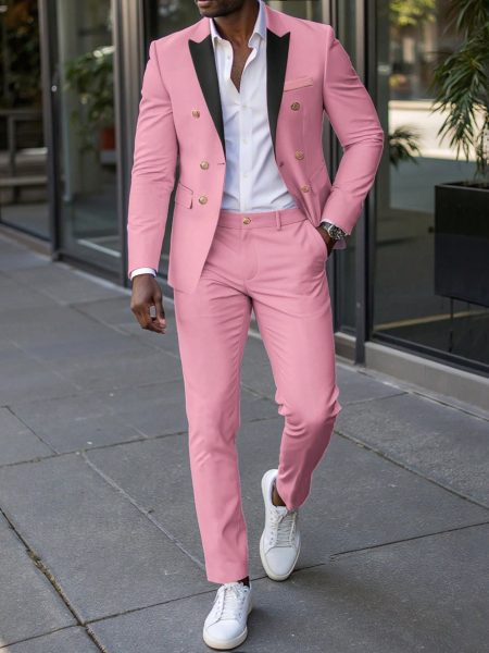 Pink Colourblock Double Breasted Notched Collar Blazer & Trouser Suit Set