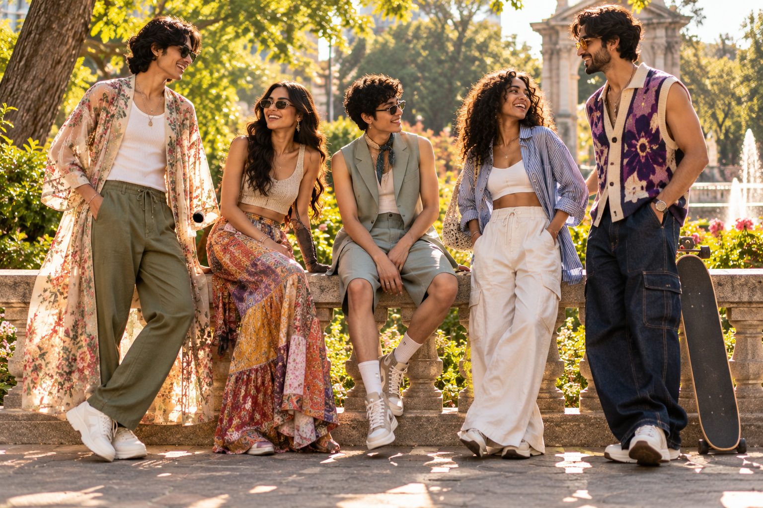 A diverse group of models in gender-fluid outfits enjoys a sunny day in the park.