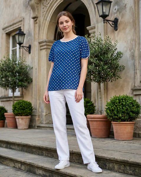 Contrast Trim Extended Sleeve Polka-Dot Print Top