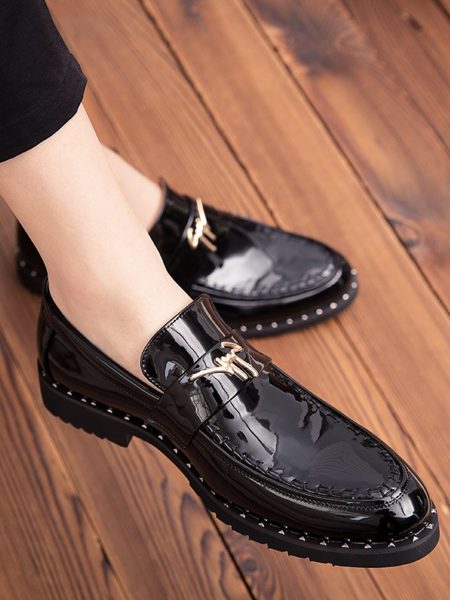 Metal Patch Slip On Black Round Toe Loafers