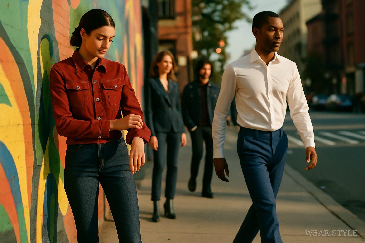 Model in tailored cherry red denim and white blouse in urban golden hour light.