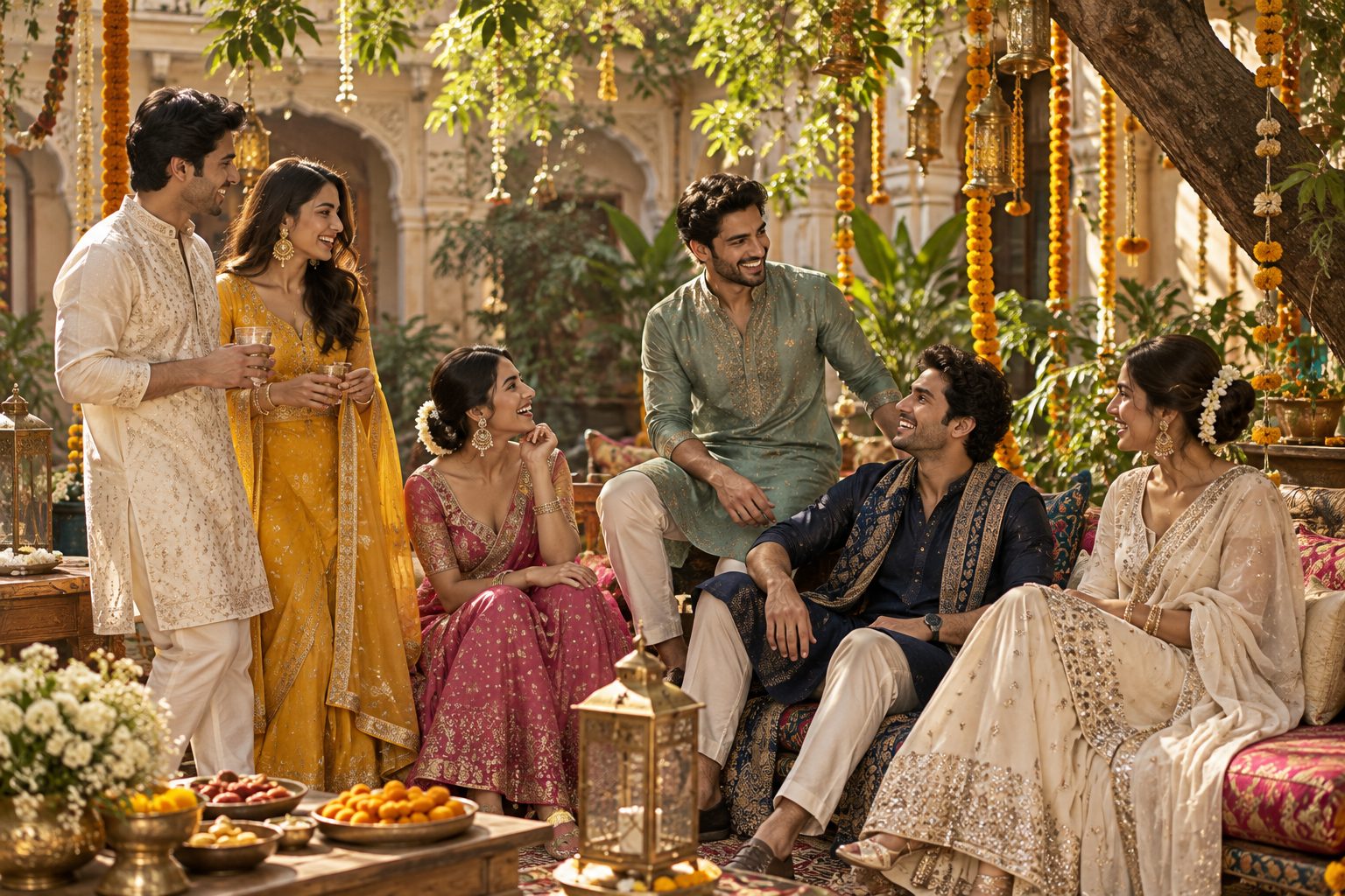 Group of friends in festive wear enjoying the celebration in a courtyard.