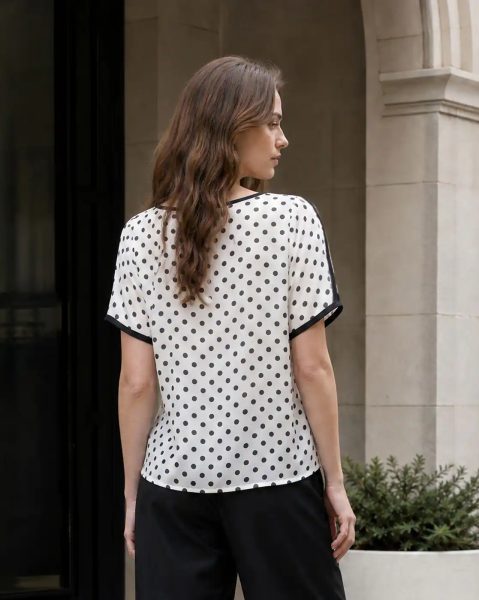 Contrast Trim Extended Sleeve Polka-Dot Print Top