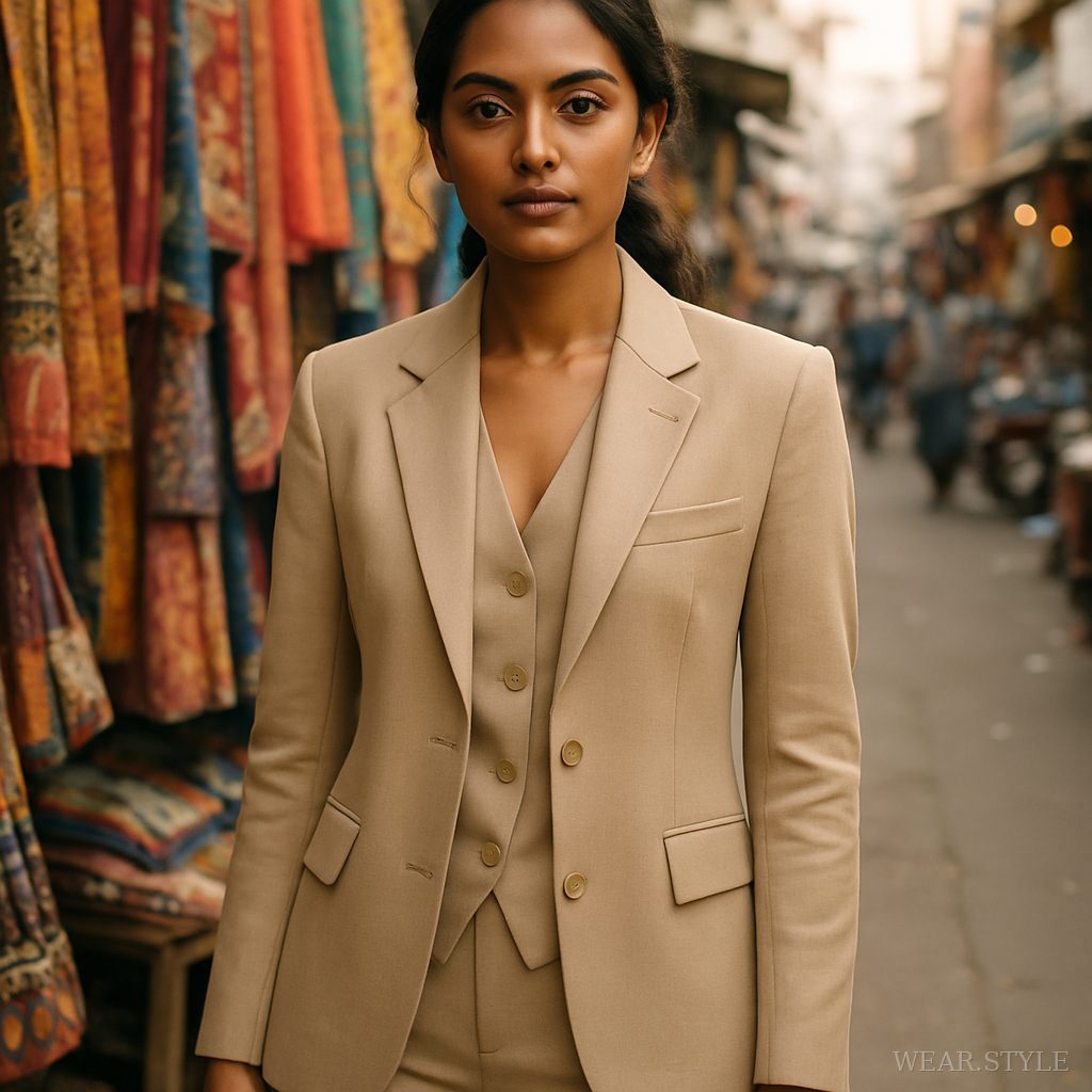 Close-up of Indian woman in tailored co-ord set at a vibrant street market, highlighting urban style.