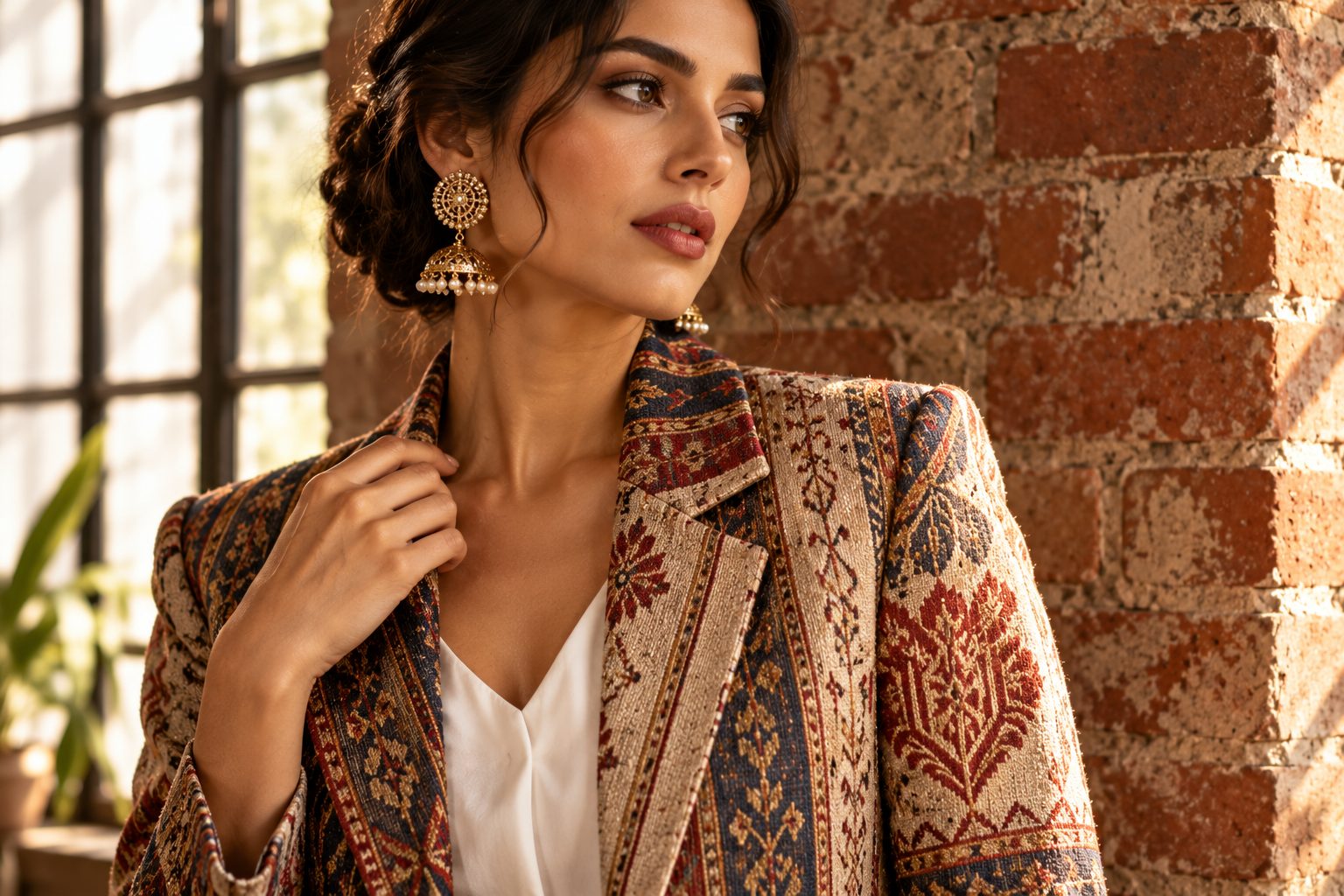 Close-up of model in tailored jacket made of handwoven Indian textiles.