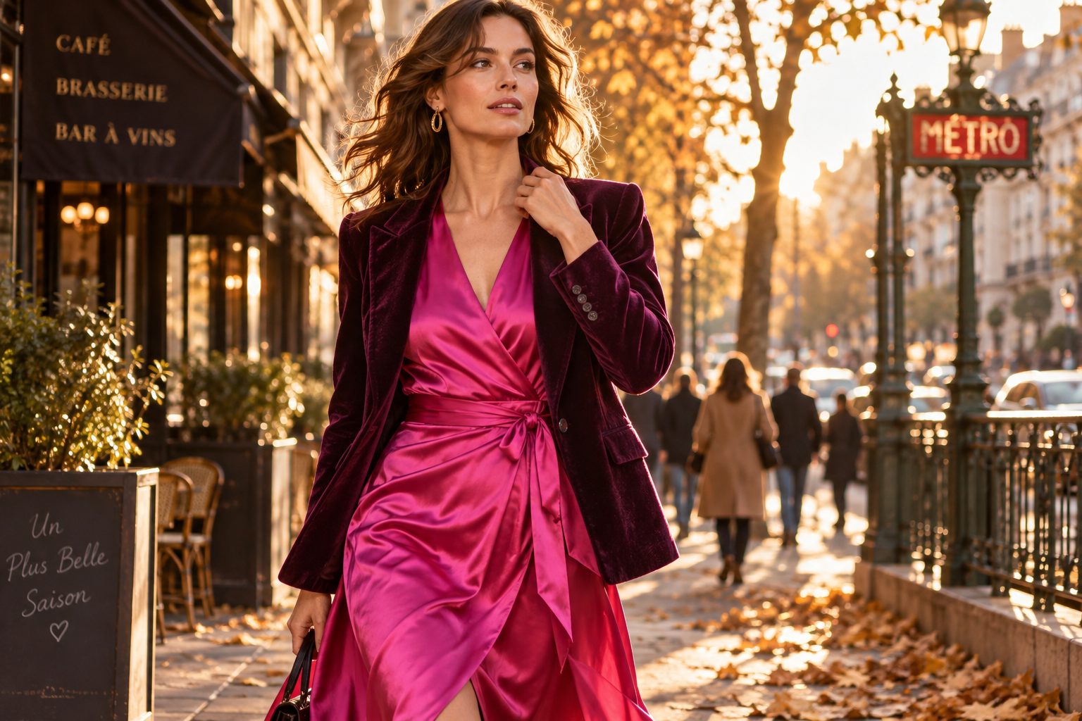 Woman in fuchsia satin wrap dress and plum velvet blazer on a city street during golden hour.