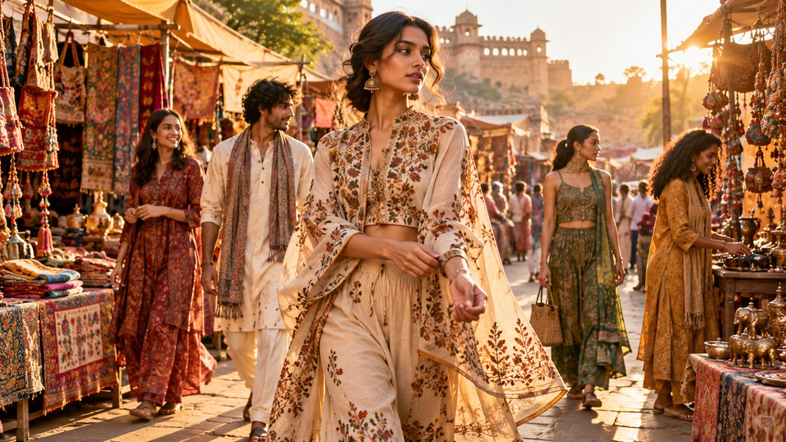 South Asian model in handcrafted Indian fashion at an open-air market during golden hour.