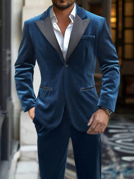 Blue Peaked Lapel Single-Breasted Blazer and Pant Suit Set