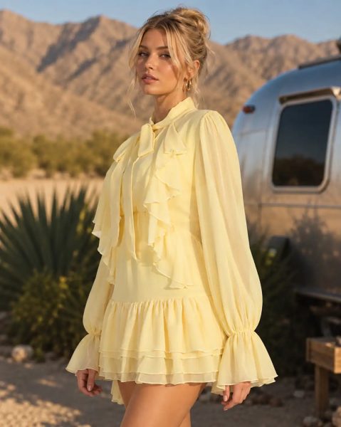 Women Tie-Up Neck Flounce Sleeve Ruffled A-Line Dress