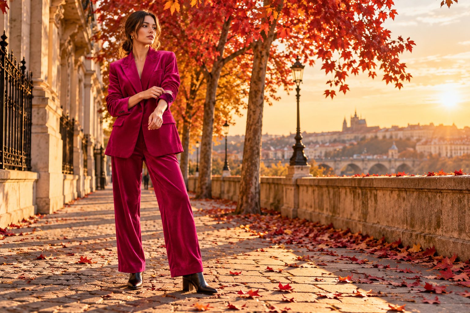 Model in fuchsia velvet pantsuit adjusts cuff against autumn foliage.