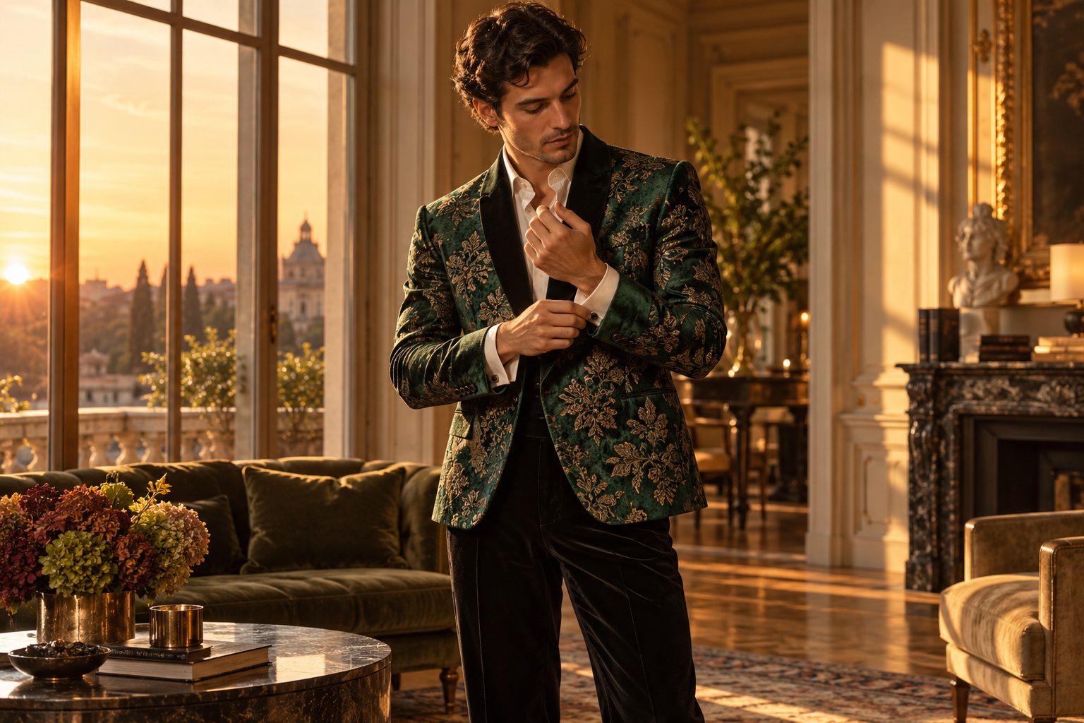 Model in emerald brocade jacket and black velvet trousers, adjusting cuff in warm golden hour light.