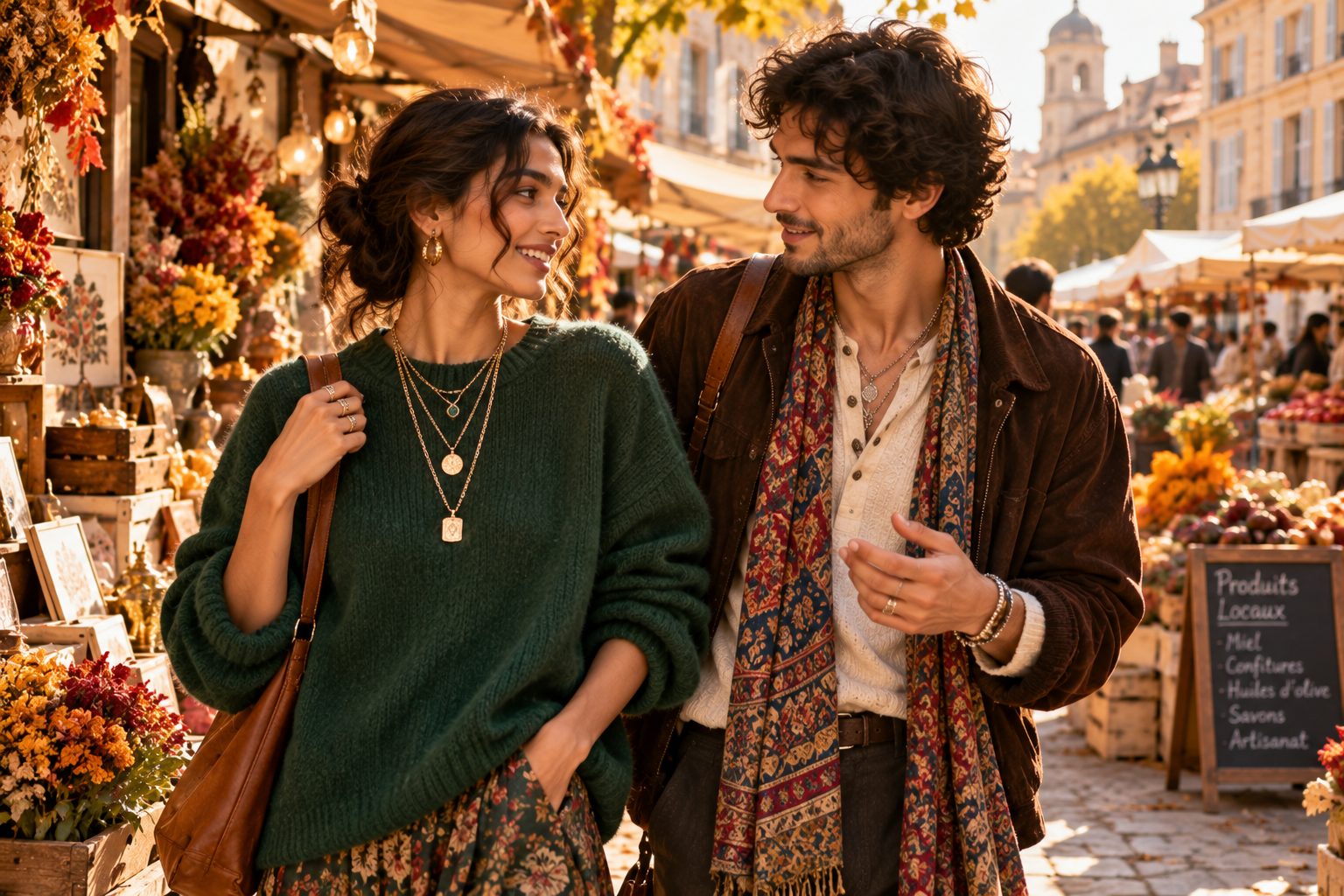 Models in a European market showcasing layered necklaces.