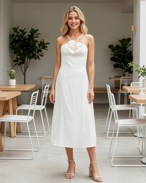 Halter Style Spaghetti Strap Floral Applique A-Line Dress