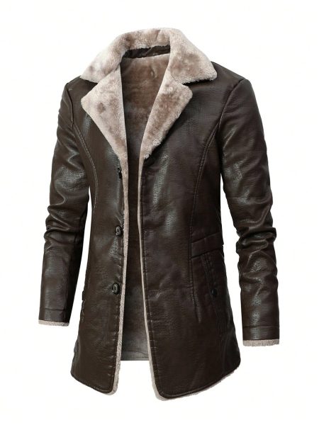 Thermal-Lined PU Leather Lapel Coat — Single Breasted