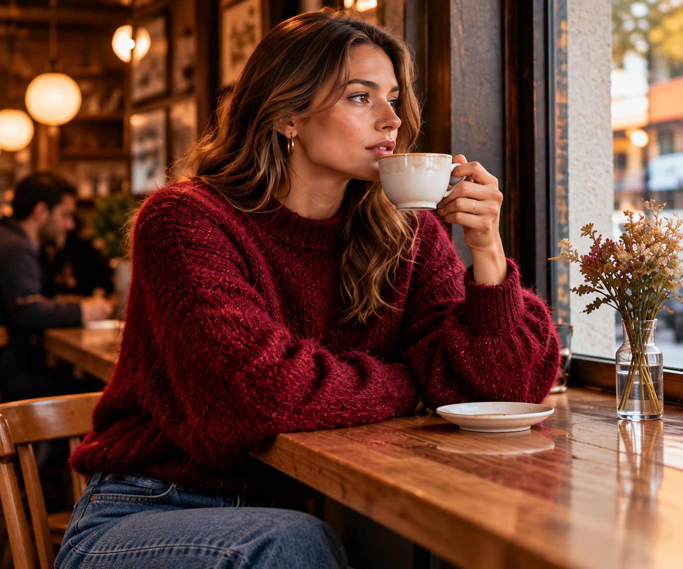 Model in bold-shouldered burgundy knit sweater sipping coffee in cozy cafe.