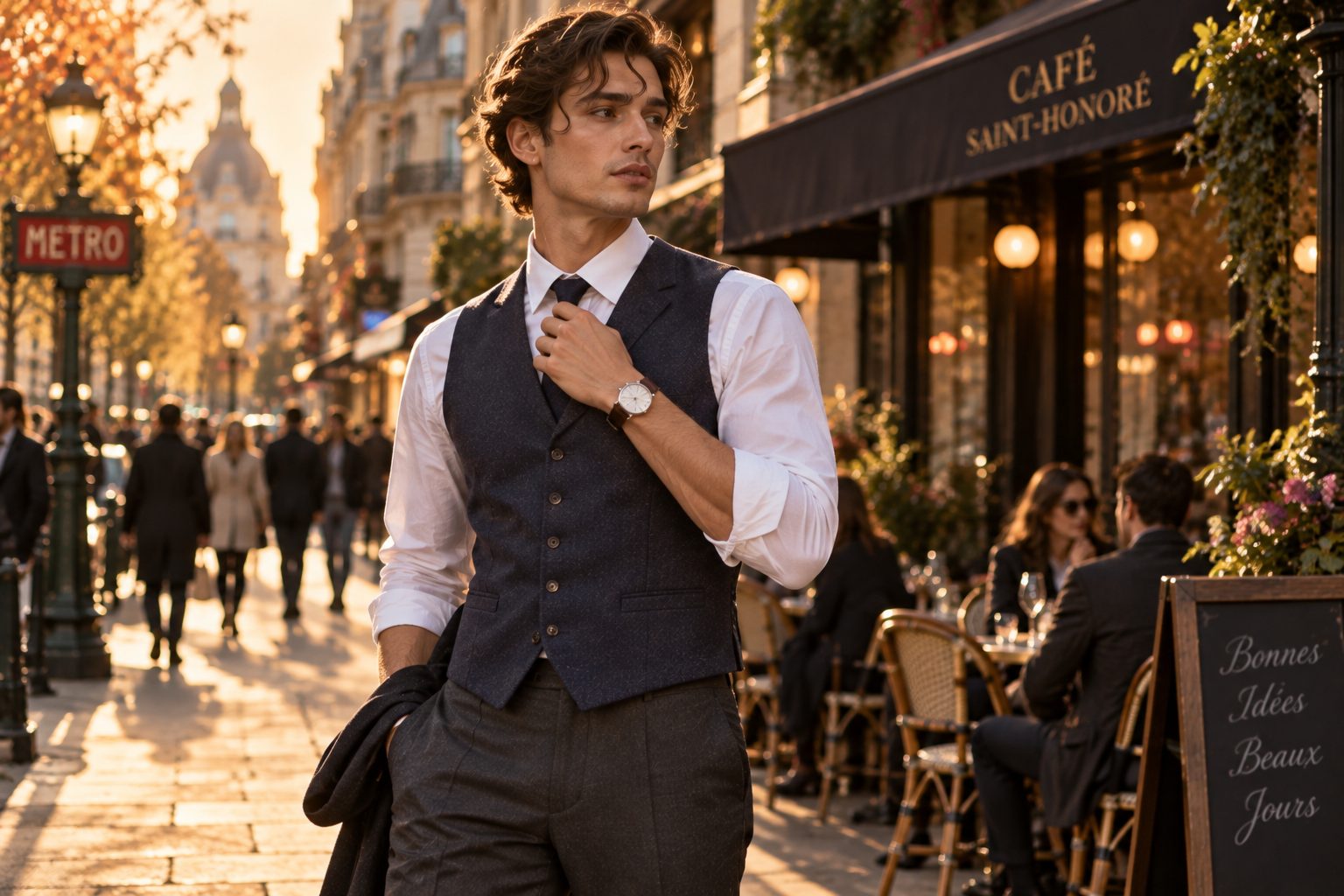 A stylish man in a navy waistcoat adjusts his lapel in a vibrant urban setting during golden hour.