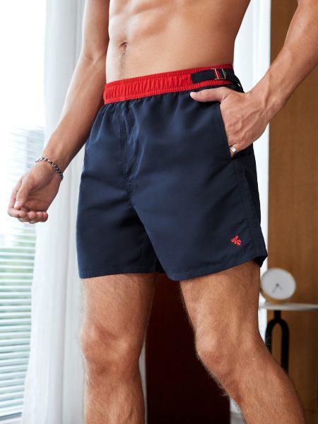 Navy Blue Animal Embroidered Colorblock Buckled Detail Swim Trunks