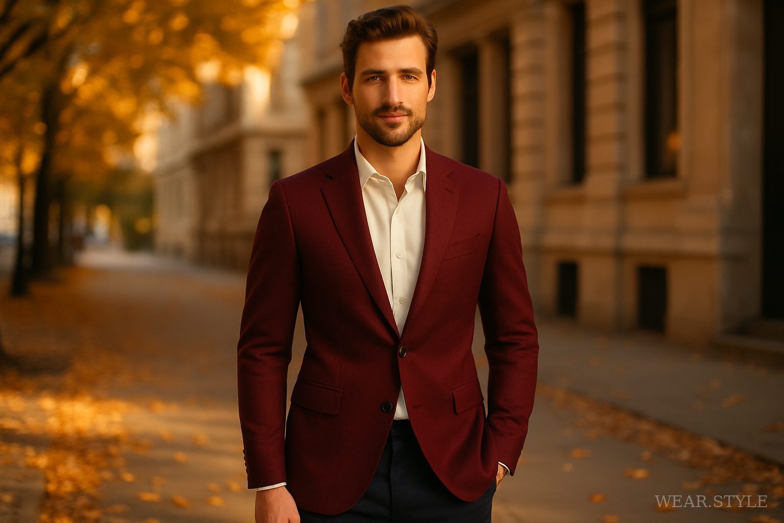 Male model in burgundy blazer and navy chinos in an autumn urban setting