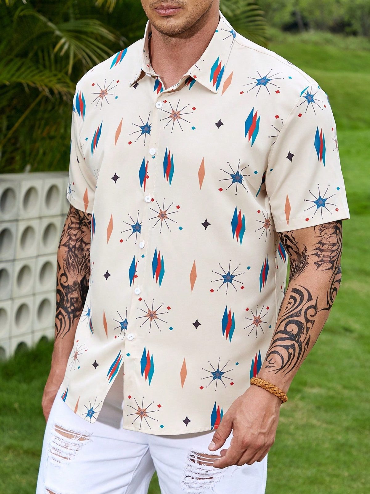 Geo Print Short Sleeve Button Front Shirt