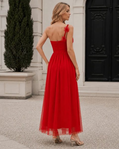 One Shoulder Floral Applique Detail A-Line Dress