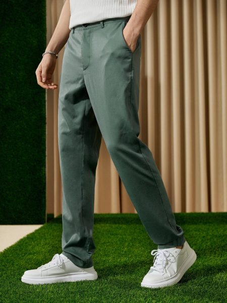 Army Green Slant Pocket Zipper Fly Solid Trousers