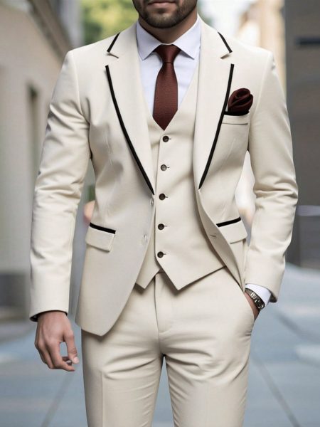 Khaki Colourblock Contrast Pipe Design Blazer, Vest & Trouser Three-Piece Suit Set