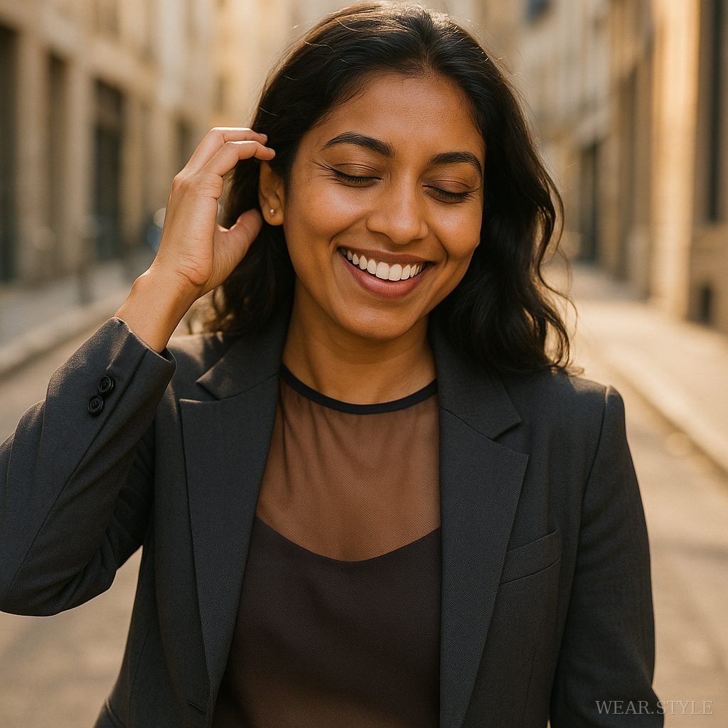 Close-up of an Indian woman in a sheer top and blazer in a sunlit urban setting.