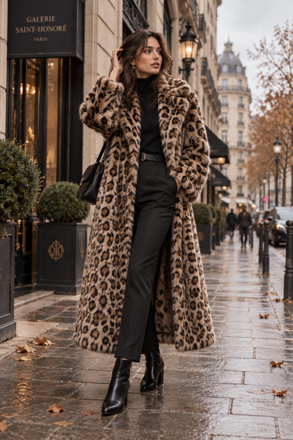 Model in animal print faux fur coat on an urban street, showcasing contemporary style.