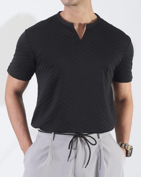 Notched Neck Short Sleeve Self-Designed Tshirt
