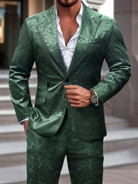 Green Lapel Neck Printed Blazer and Pant Suit Set