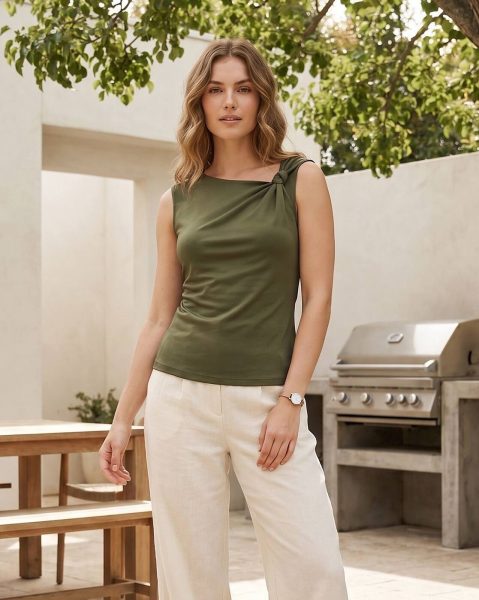 Women Sleeveless Asymmetric Neck Shoulder Knot Top