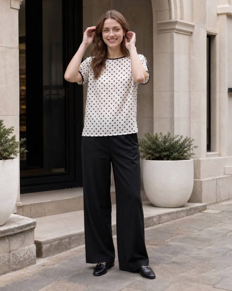 Contrast Trim Extended Sleeve Polka-Dot Print Top