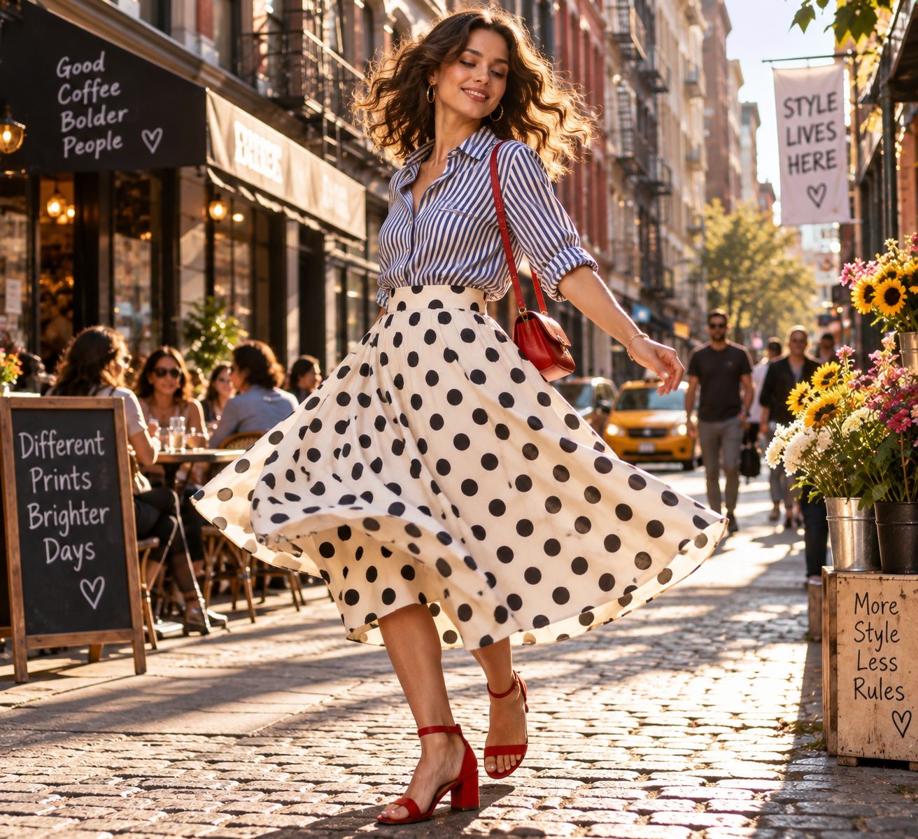 Model twirling in a polka dot skirt and striped blouse on a lively street.