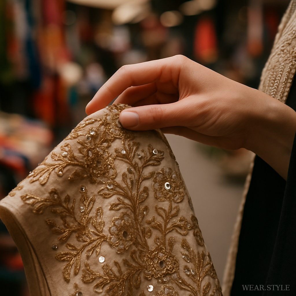 Close-up of handcrafted clothing with intricate embroidery in a market setting.