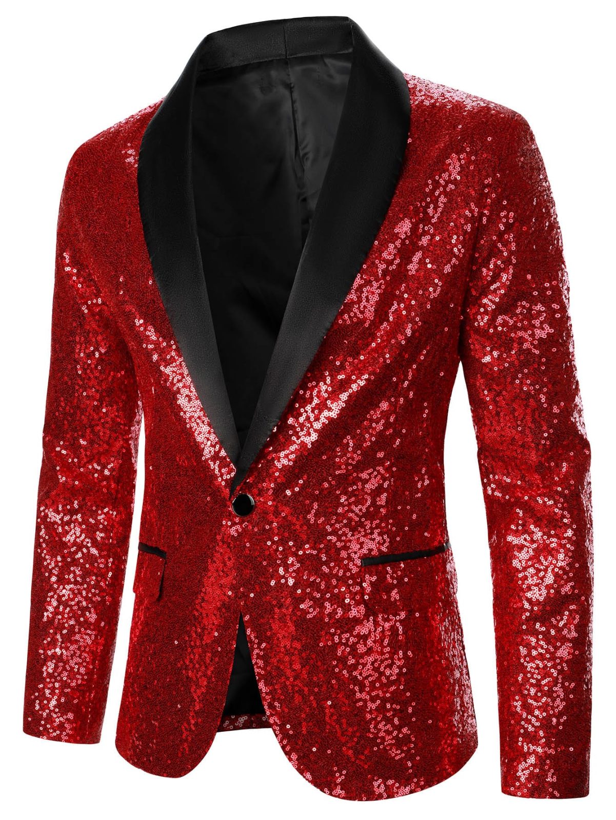 Red Shawl Collar Single Button Sequins Blazer