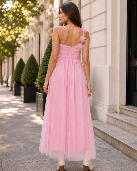 One Shoulder Floral Applique Detail A-Line Dress