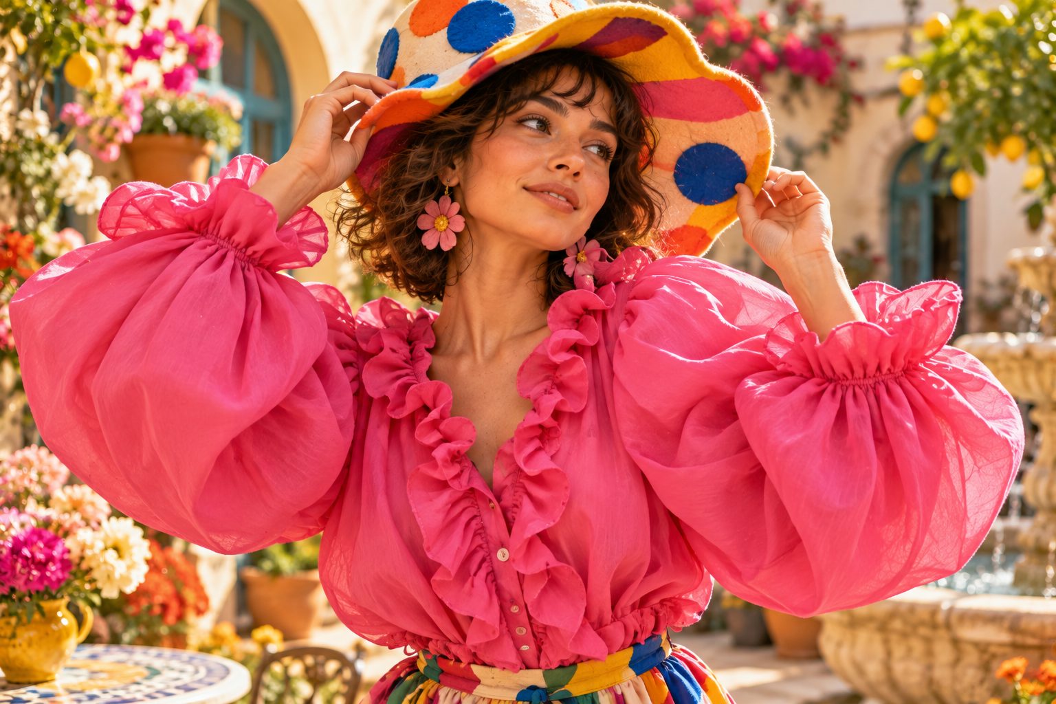 Close-up of model in pink puffed sleeve blouse, adjusting oversized hat in sunny courtyard.
