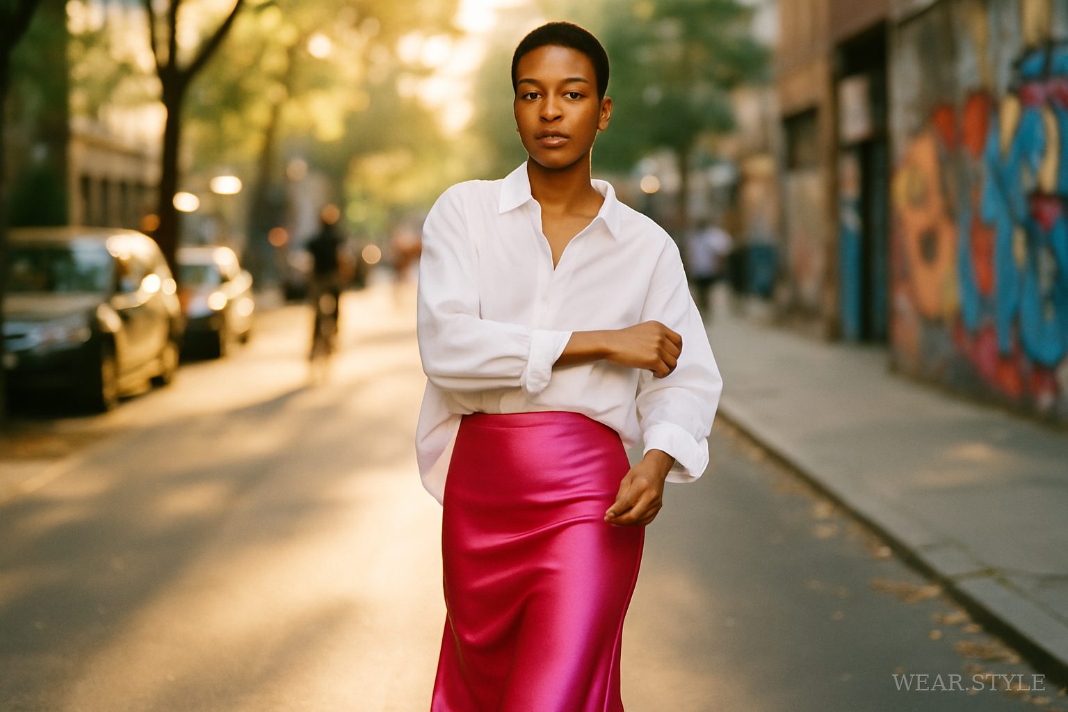 Model in hot pink satin skirt and white shirt walking in urban setting during golden hour.