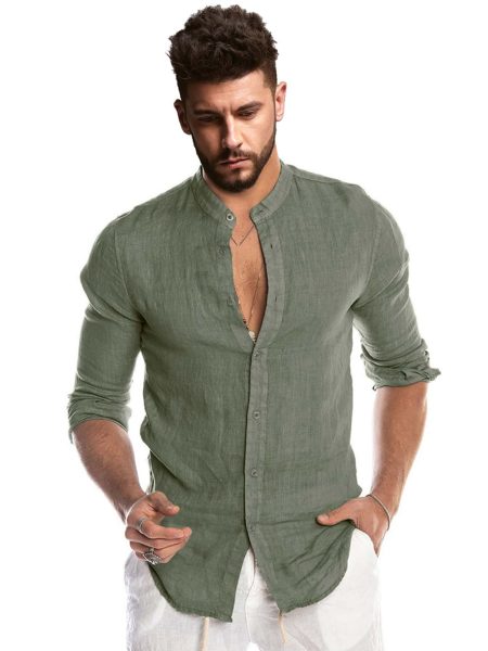 Stand Neck Button Up Long Sleeve Shirt