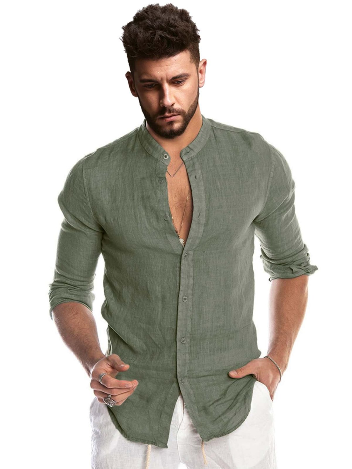 Stand Neck Button Up Long Sleeve Shirt