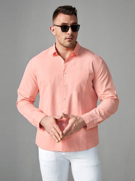 Coral Pink Patched Pocket Button Front Shirt