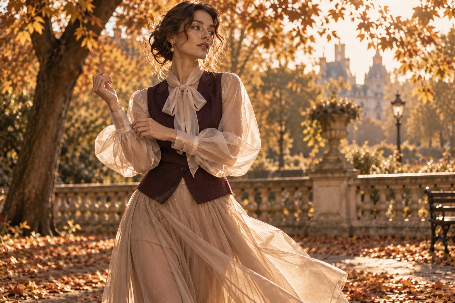 Elegant woman in sheer layers in an autumn park, golden hour light.