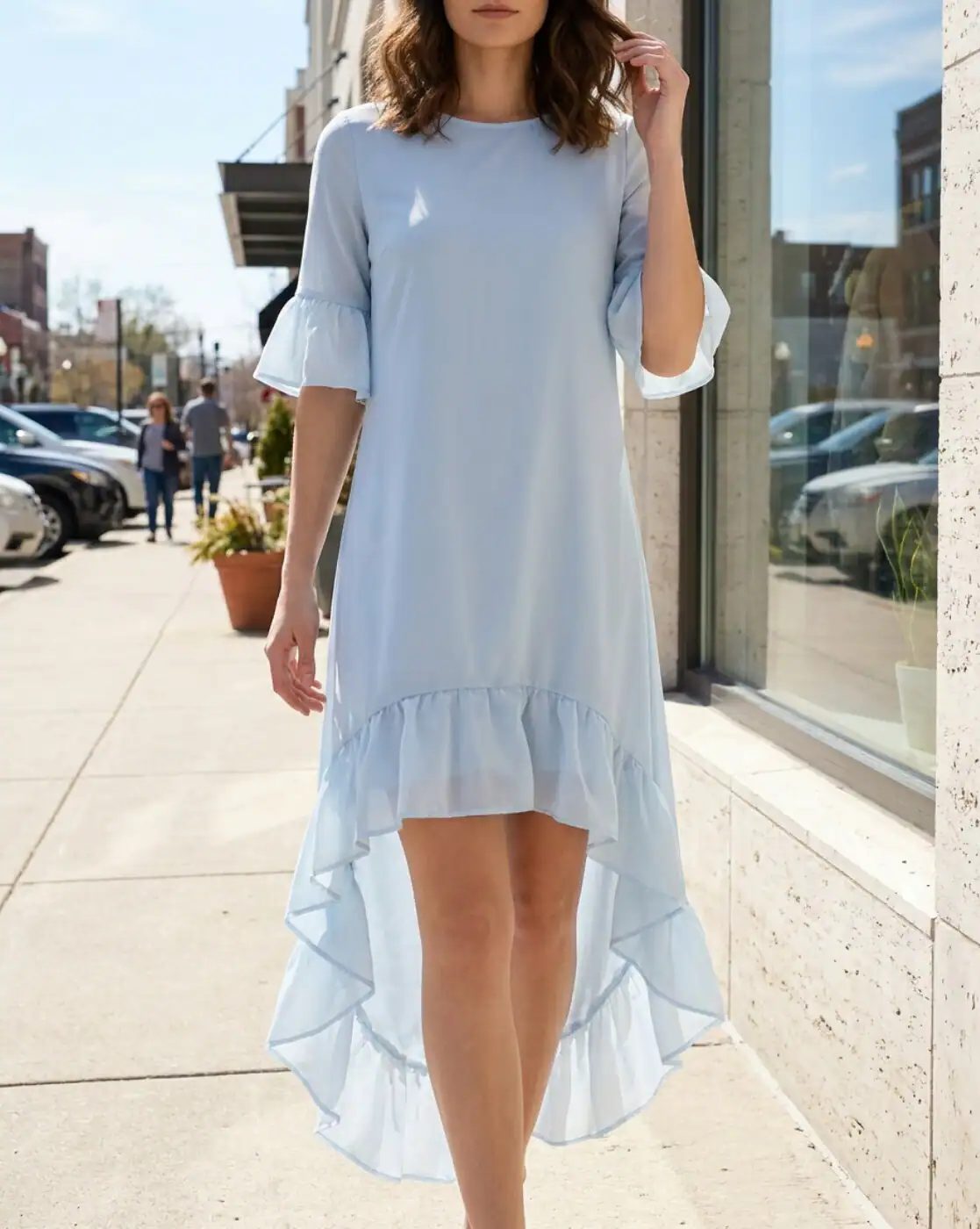 Flounce Sleeve Ruffled Asymmetrical Shift Dress
