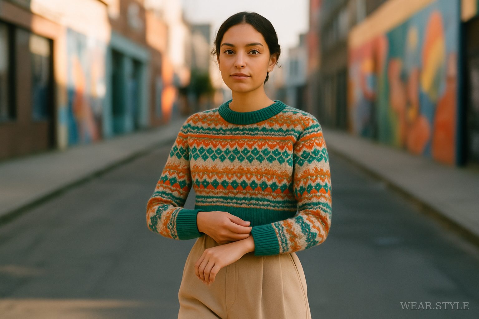 Model showcasing modern Fair Isle knitwear in an urban setting during golden hour.